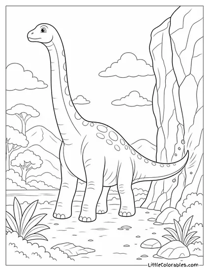 Brachiosaurus Brushing Past a Cliff Face with Its Long Tail Coloring Page