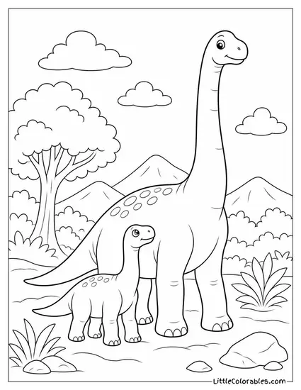 Brachiosaurus Calf Staying Close Beside Its Towering Parent Coloring Page