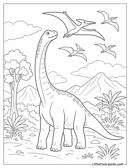 Brachiosaurus Craning Its Neck to Watch a Flock of Pterosaurs Pass Coloring Page