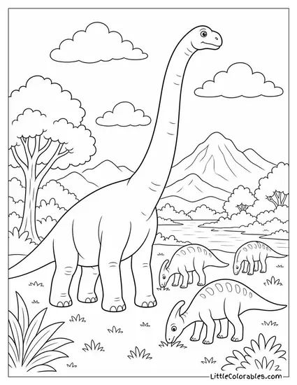 Brachiosaurus Dwarfing a Small Group of Grazing Dinosaurs Nearby Coloring Page