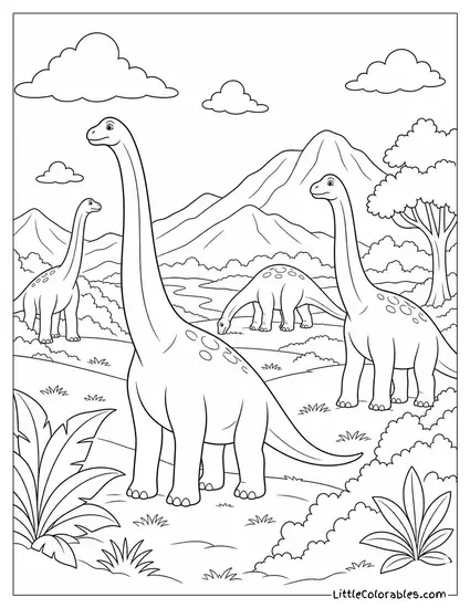 Brachiosaurus Herd Grazing Peacefully Across a Wide Valley Coloring Page