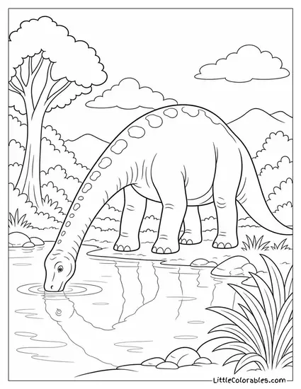 Brachiosaurus Lowering Its Head to Drink from a Quiet Pond Coloring Page