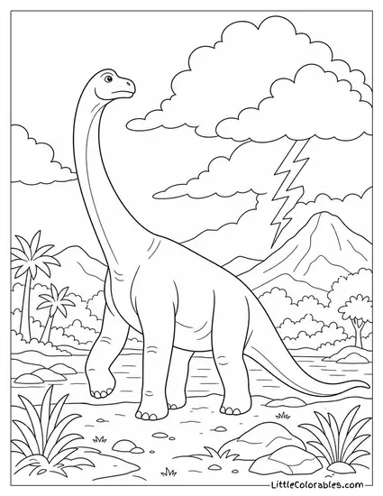 Brachiosaurus Pausing Mid-Stride as Thunder Rumbles in the Distance Coloring Page