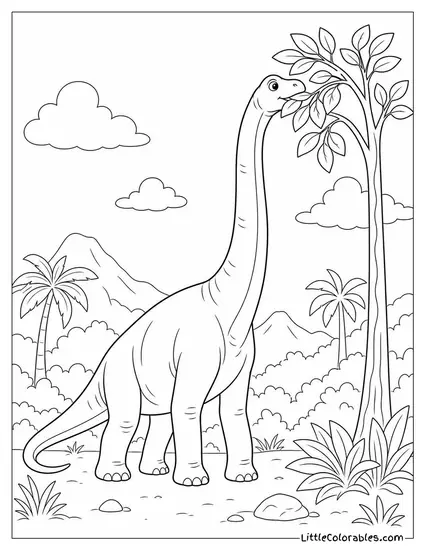 Brachiosaurus Reaching High to Strip Leaves from a Tall Branch Coloring Page