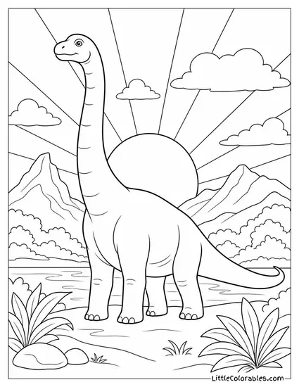 Brachiosaurus Silhouetted Against a Glowing Prehistoric Sunset Coloring Page