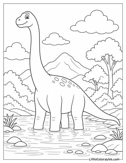 Brachiosaurus Standing Knee-Deep in a Shallow River Crossing Coloring Page