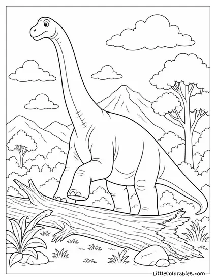 Brachiosaurus Stepping Carefully Over a Fallen Tree Trunk Coloring Page