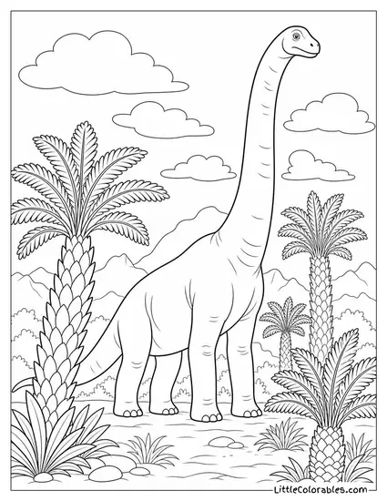 Brachiosaurus Towering Over a Grove of Ancient Cycad Trees Coloring Page