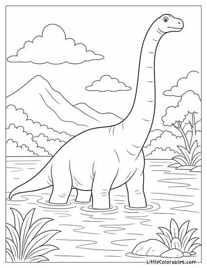 Brachiosaurus Wading Slowly Through a Deep Calm Lake Coloring Page