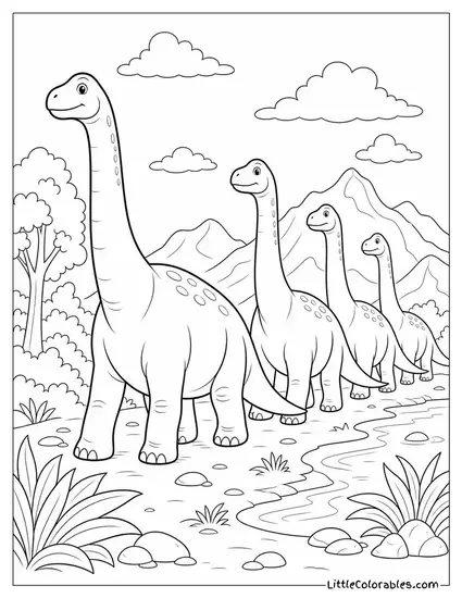 Brachiosaurus Walking in a Slow Line with Several Others Coloring Page