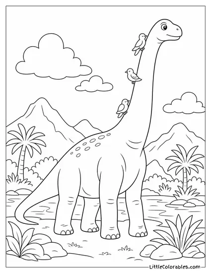 Brachiosaurus with Birds Resting Briefly Along Its Long Neck Coloring Page