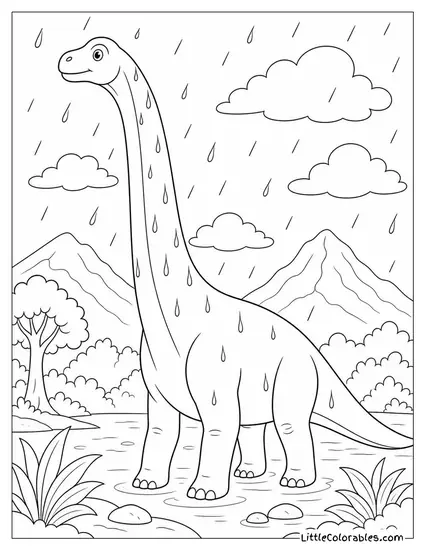 Brachiosaurus with Raindrops Trickling Down Its Long Sloped Neck Coloring Page
