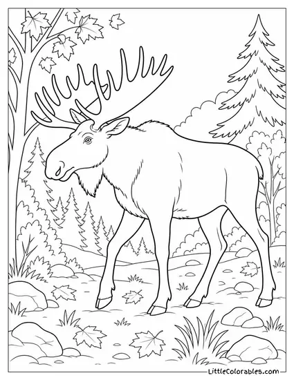 Bull Moose Walking Through a Northern Forest in Autumn with Antlers High Coloring Page