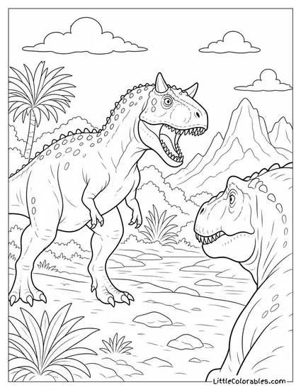 Carnotaurus Baring Its Teeth at a Rival Predator Nearby Coloring Page