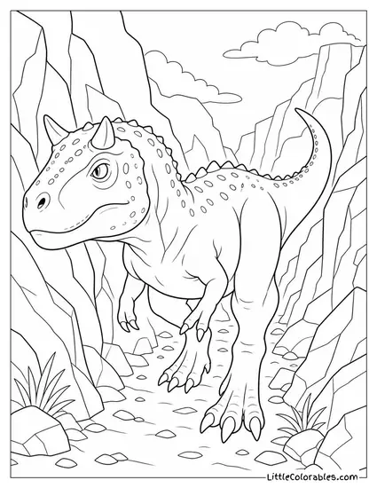 Carnotaurus Brushing Past Jagged Rocks in a Narrow Gully Coloring Page