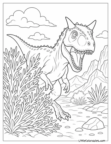Carnotaurus Bursting Out from Behind a Cluster of Dry Shrubs Coloring Page