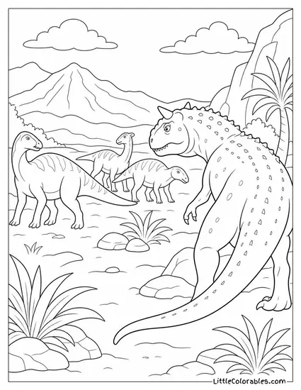 Carnotaurus Circling a Wary Herd from a Cautious Distance Coloring Page