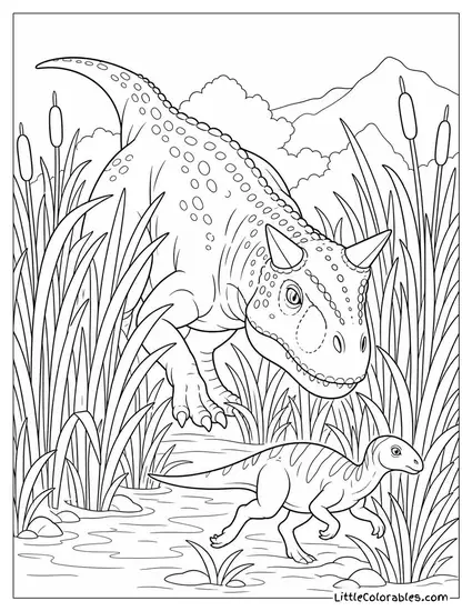 Carnotaurus Crouched Low Stalking Prey Through Tall Reeds Coloring Page