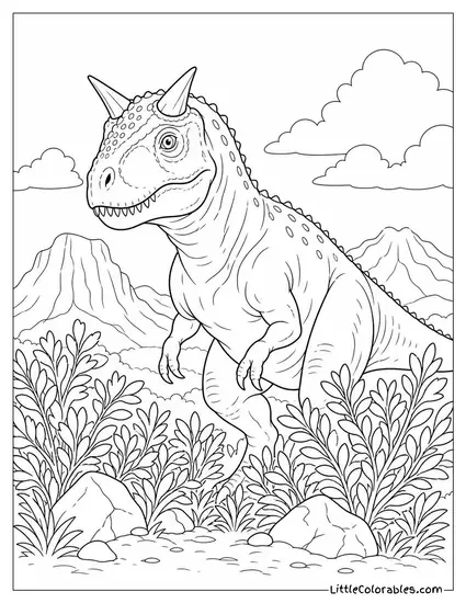 Carnotaurus Emerging from a Patch of Low Scrubby Brush Coloring Page