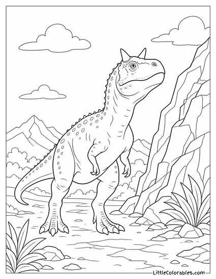 Carnotaurus Pausing to Sniff the Air Near a Rocky Outcrop Coloring Page