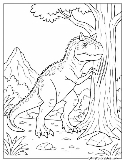 Carnotaurus Scratching Its Short Arms Uselessly Against a Tree Coloring Page