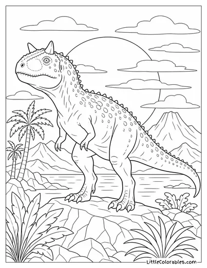 Carnotaurus Silhouetted Against a Deep Red Prehistoric Sunset Coloring Page