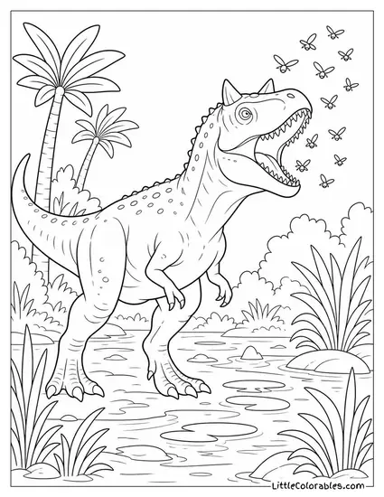 Carnotaurus Snapping at a Swarm of Insects Near a Swamp Coloring Page