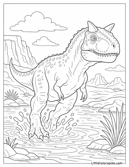 Carnotaurus Splashing Through a Shallow Desert Waterhole Coloring Page