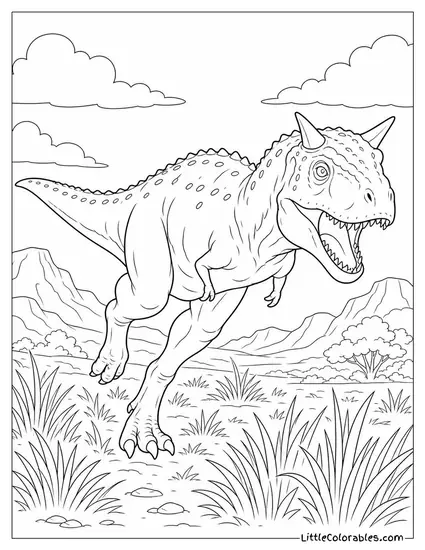 Carnotaurus Sprinting at Full Speed Through Dry Grasslands Coloring Page
