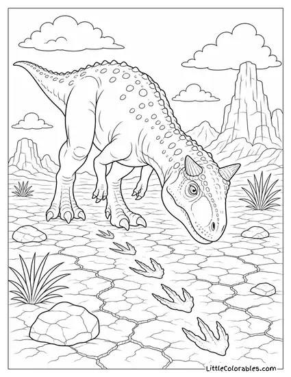 Carnotaurus Tracking Fresh Tracks Across Cracked Dry Earth Coloring Page
