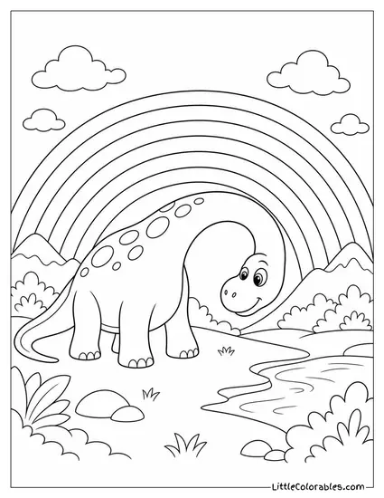 Cartoon Brachiosaurus Trying to Duck Under a Low Rainbow Coloring Page