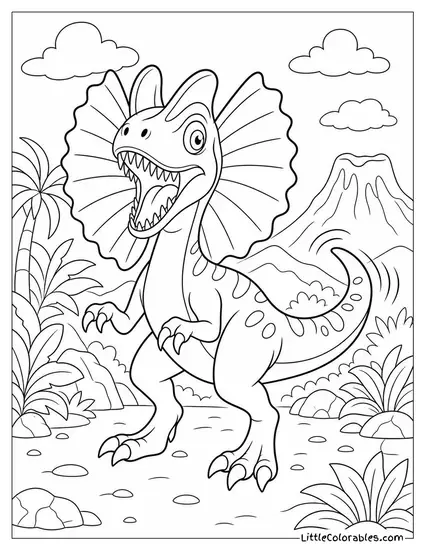 Cartoon Dilophosaurus Trying to Look Scary But Wagging Its Tail Instead Coloring Page