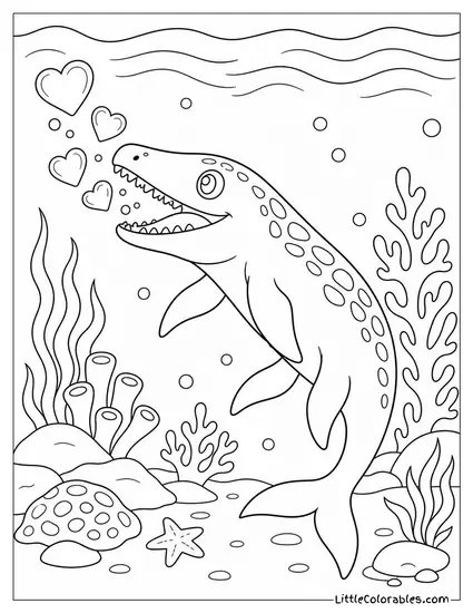 Cartoon Mosasaurus Blowing Bubbles Shaped Like Hearts Underwater Coloring Page