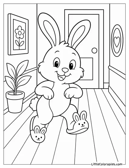Cartoon Rabbit Wearing Tiny Slippers Hopping Down a Hallway Coloring Page