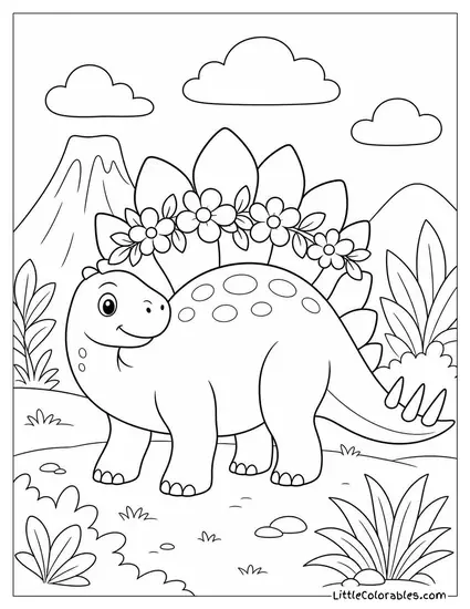 Cartoon Stegosaurus Wearing a Flower Crown Over Its Plates Coloring Page