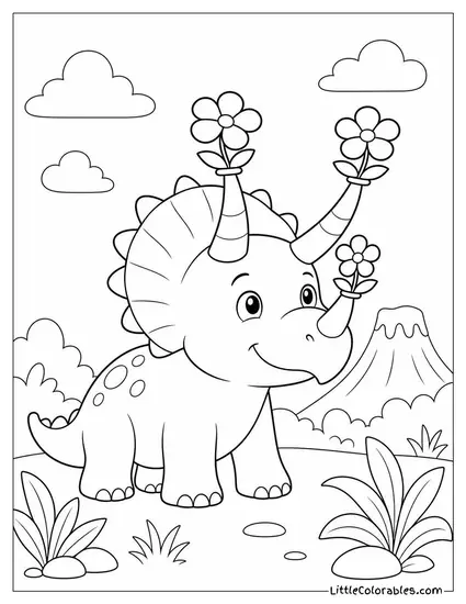Cartoon Triceratops Balancing a Flower Carefully on Each Horn Coloring Page
