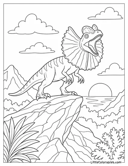 Dilophosaurus Calling Out at Dusk from the Top of a Rocky Ledge Coloring Page
