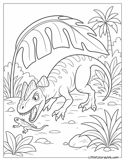 Dilophosaurus Catching a Small Lizard Beneath a Large Leaf Coloring Page
