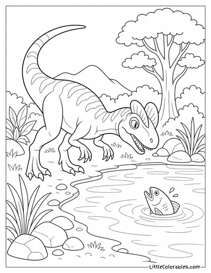 Dilophosaurus Circling a Still Pond While a Fish Surfaces Nearby Coloring Page