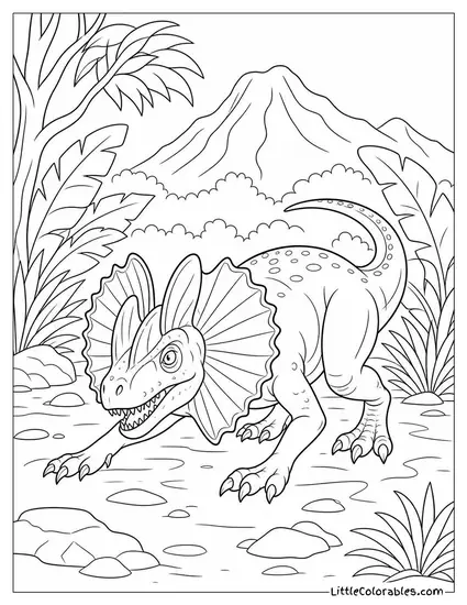 Dilophosaurus Crouched Low with Frill Beginning to Unfurl Coloring Page