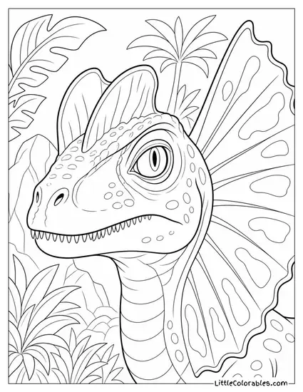Dilophosaurus Face Close-Up with One Eye Watching and Frill Just Rising Coloring Page