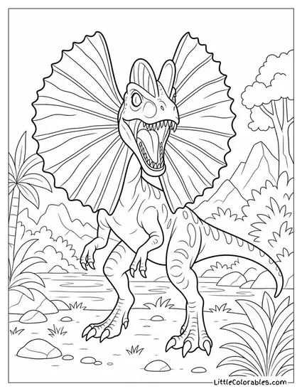 Dilophosaurus Fanning Its Neck Frill in a Full Threat Display Coloring Page