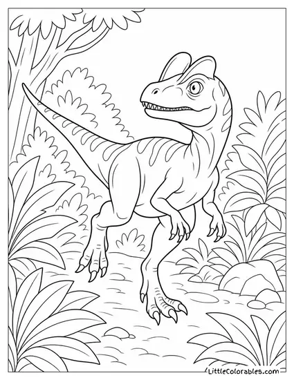 Dilophosaurus Frozen Mid-Step After Spotting Something in the Brush Coloring Page