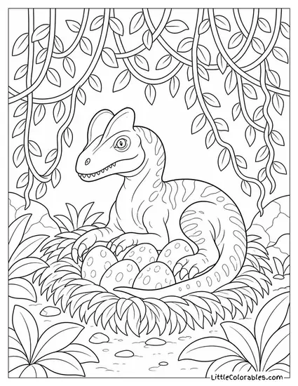 Dilophosaurus Nest Hidden Beneath a Canopy of Low-Hanging Vines Coloring Page