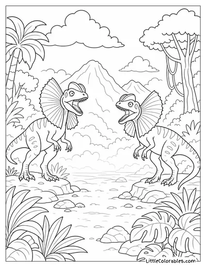 Dilophosaurus Pair Calling to Each Other Across a Misty Clearing Coloring Page