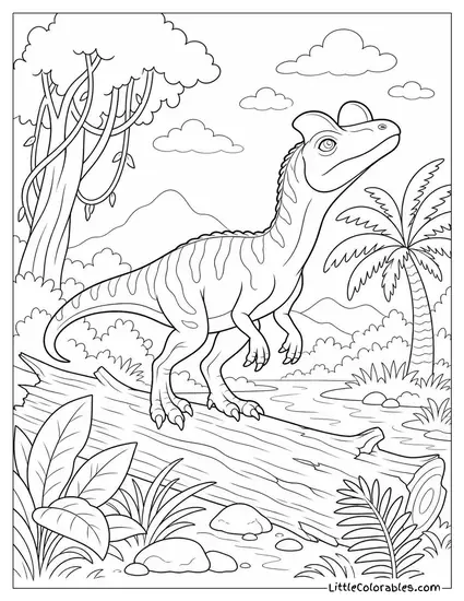 Dilophosaurus Perched on a Log Sniffing the Damp Morning Air Coloring Page