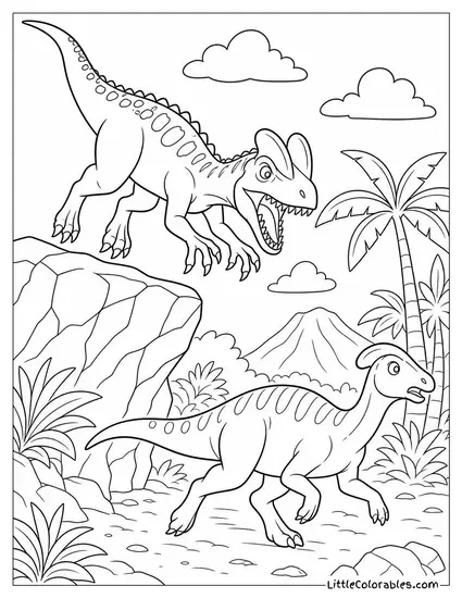 Dilophosaurus Pouncing from a Raised Rock Onto Prey Below Coloring Page