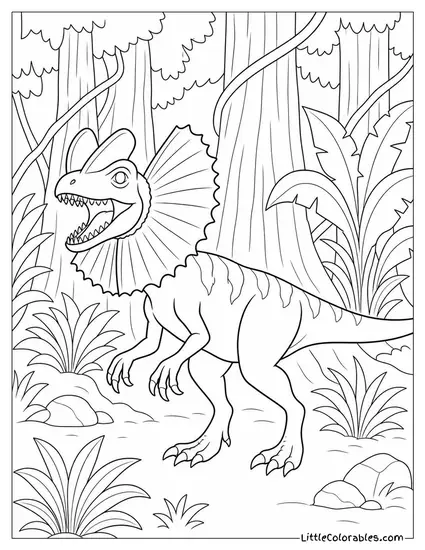 Dilophosaurus Silhouetted Against a Wall of Ancient Jungle Trees Coloring Page