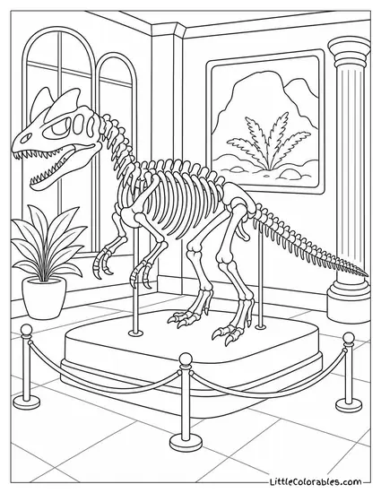 Dilophosaurus Skeleton Mounted in a Natural History Museum Coloring Page