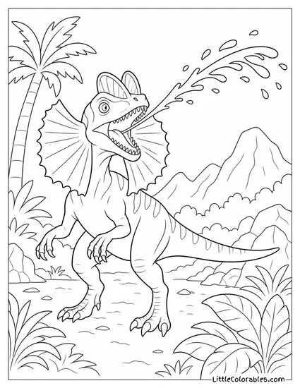 Dilophosaurus Spitting Venom in an Arc Toward a Threat Coloring Page